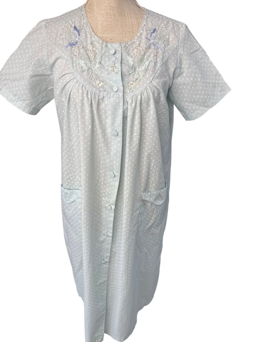 Vintage Empreinte Polka Dot Embroidered House Dress With Pockets Size 36 Short S